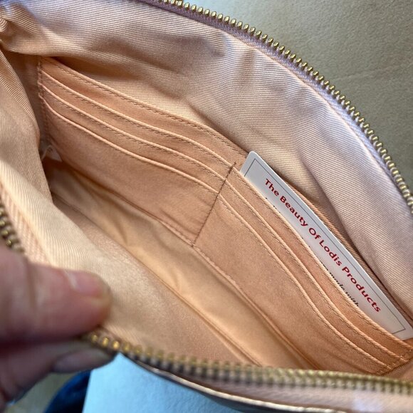 Lodis Leather wristlet in Metallic Rose Gold  Zip Top Close - Picture 3 of 8